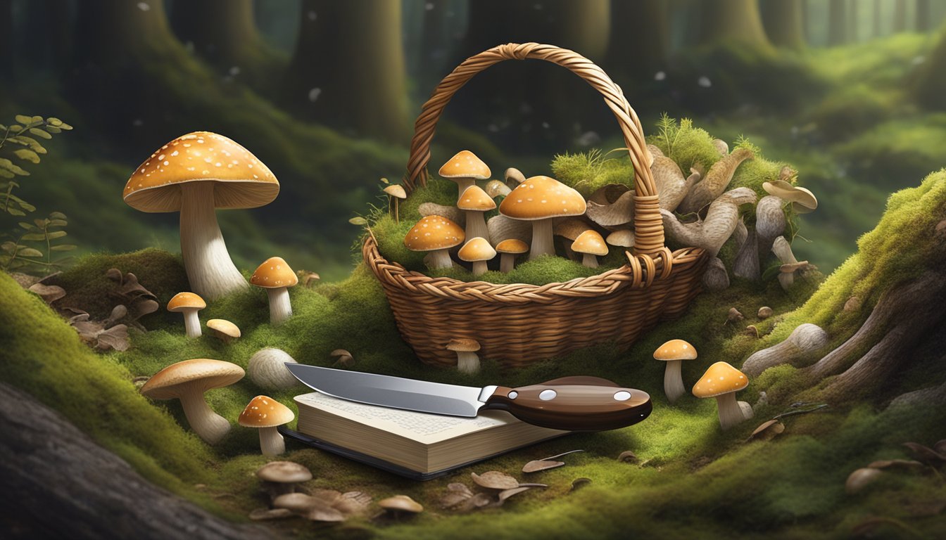 A wicker basket filled with various mushrooms, a small knife, a magnifying glass, and a field guide laid out on a moss-covered forest floor