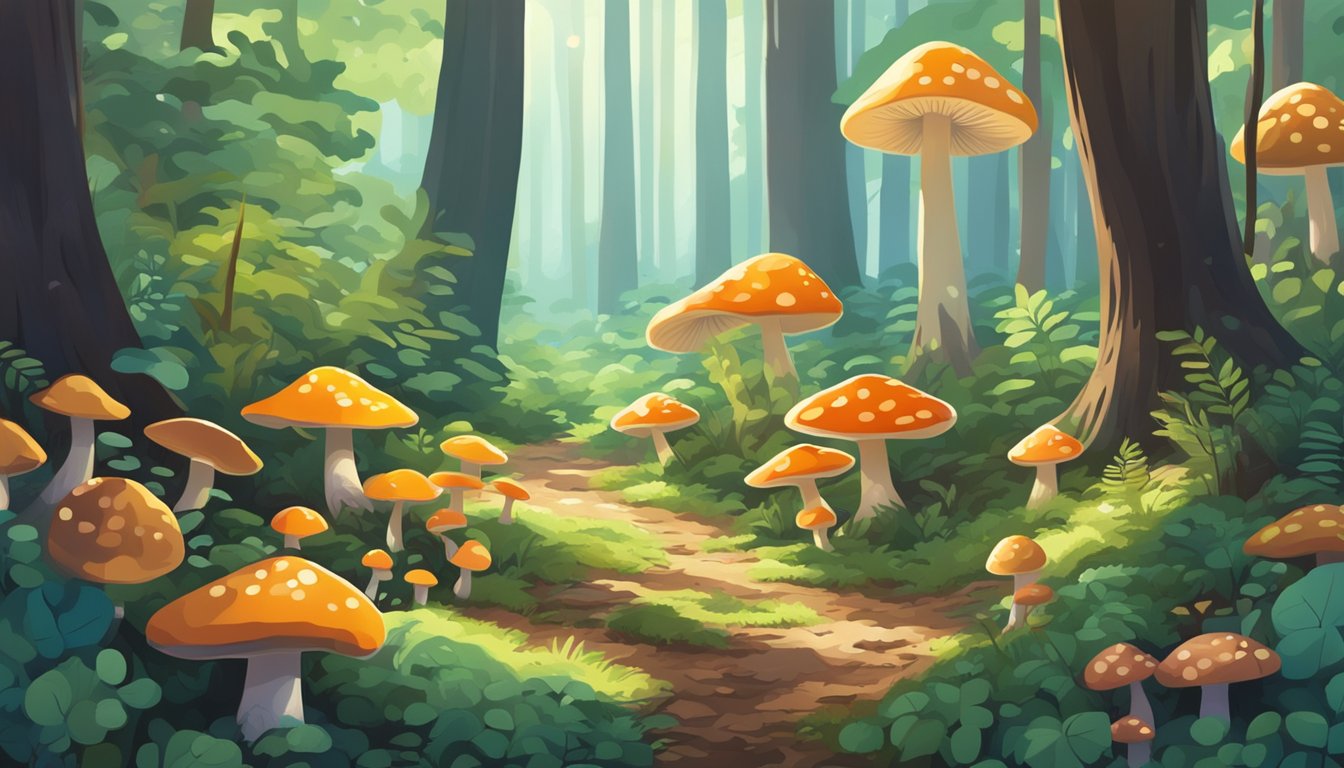 A lush forest floor with colorful mushrooms sprouting from the earth, surrounded by tall trees and dappled sunlight filtering through the canopy