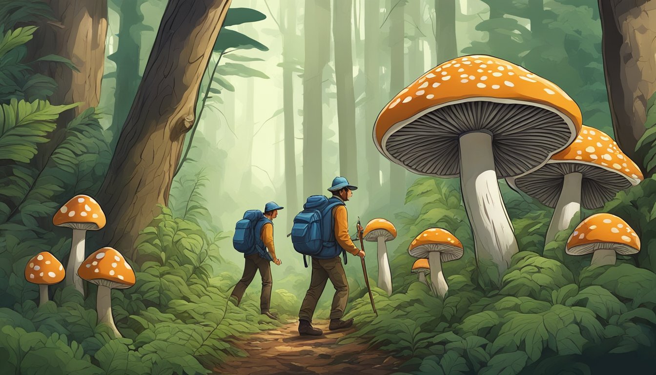 A group of mushroom hunters carefully navigate through a lush forest, mindful of the legal restrictions and conservation efforts in place