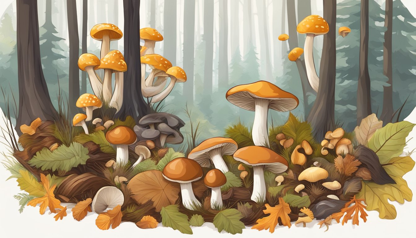 A forest floor scattered with various types of mushrooms, including morel, chanterelle, and porcini, surrounded by trees and fallen leaves