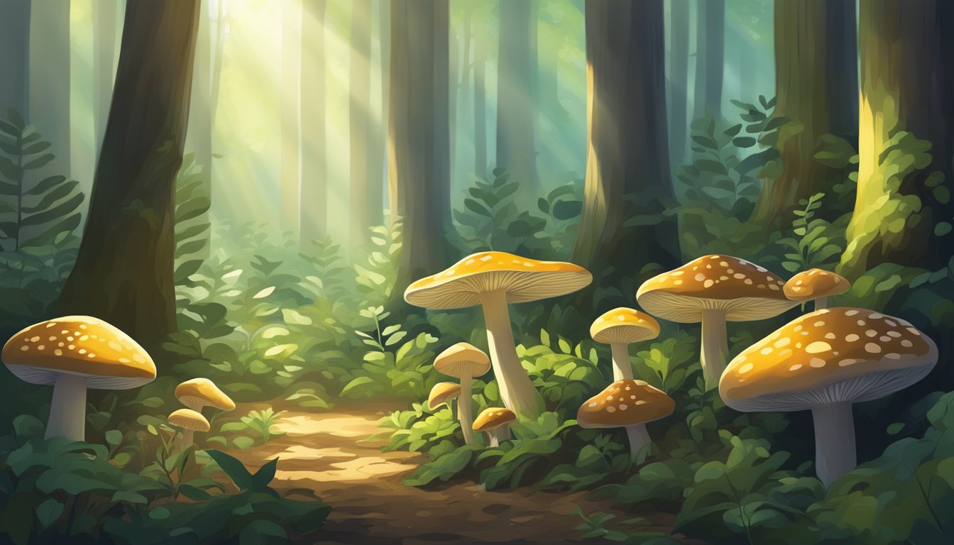 Sunlight filters through the dense foliage, illuminating the forest floor. Mushrooms grow in the shade of towering trees, creating a symbiotic relationship