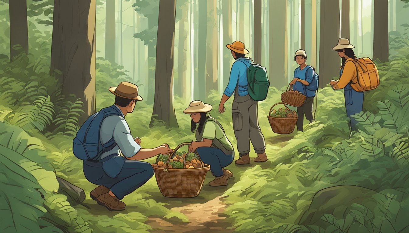 A group of people gather in a lush forest, searching for mushrooms. They carry baskets and kneel to examine the forest floor