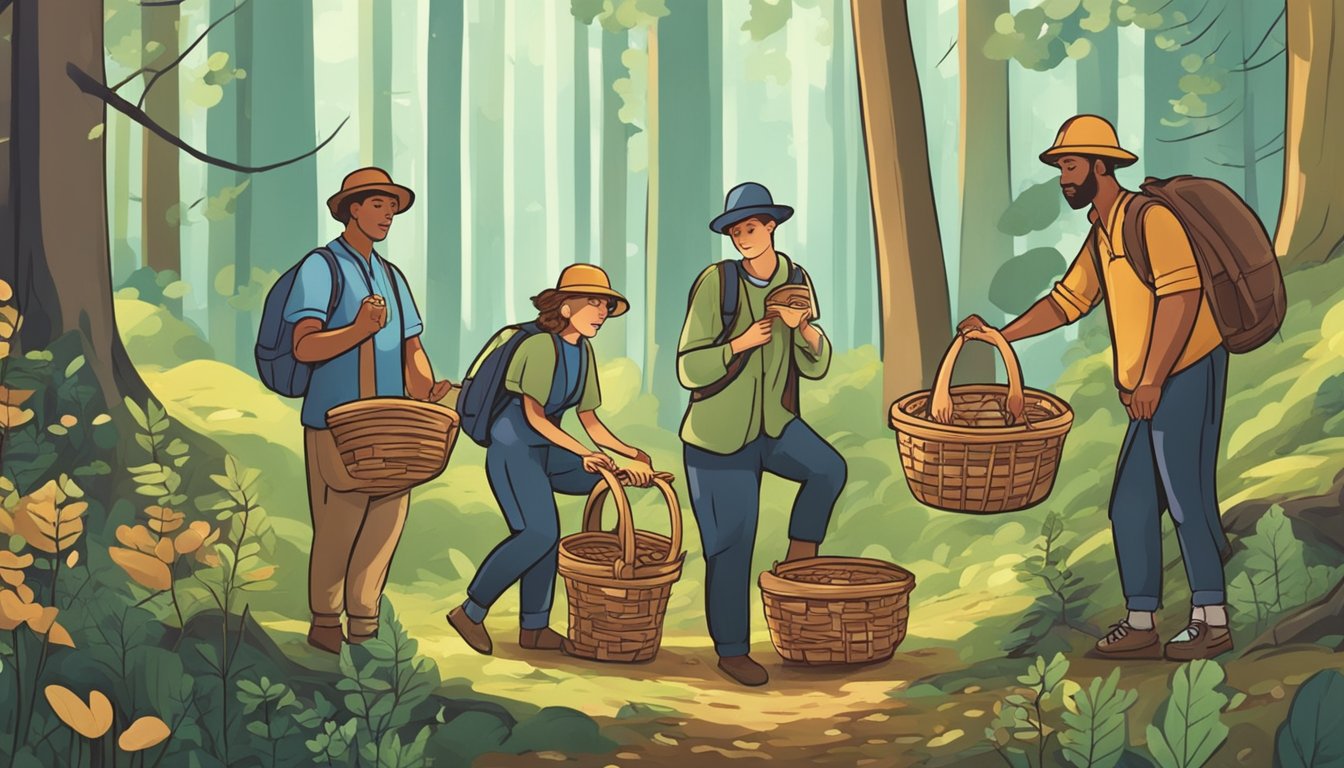 A group of people gather in a forest, baskets in hand, searching for mushrooms. They point and examine various fungi, eager to learn and share knowledge