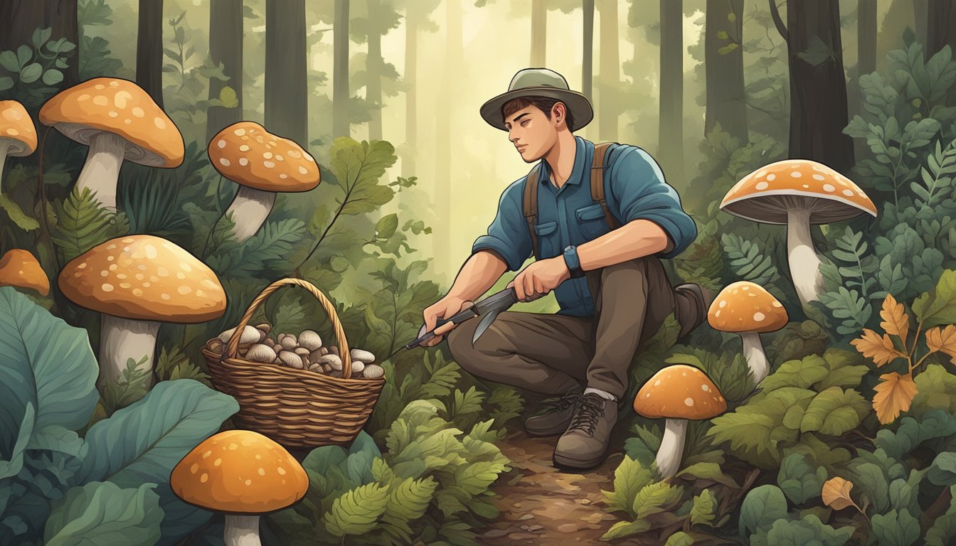 A person in a forest, holding a basket and a knife, surrounded by various types of mushrooms and foliage