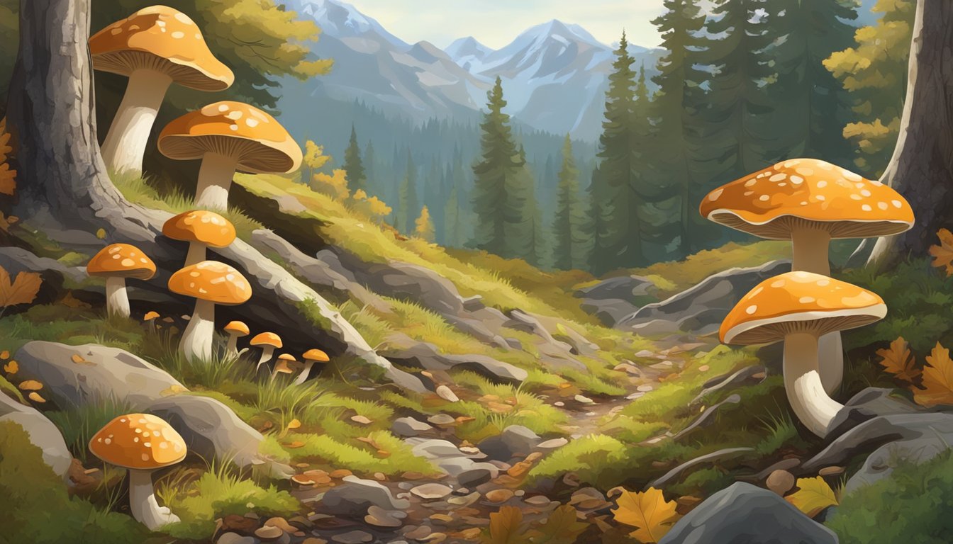 A lush forest floor with various types of mushrooms growing among the fallen leaves and moss, with the rugged Wyoming landscape in the background