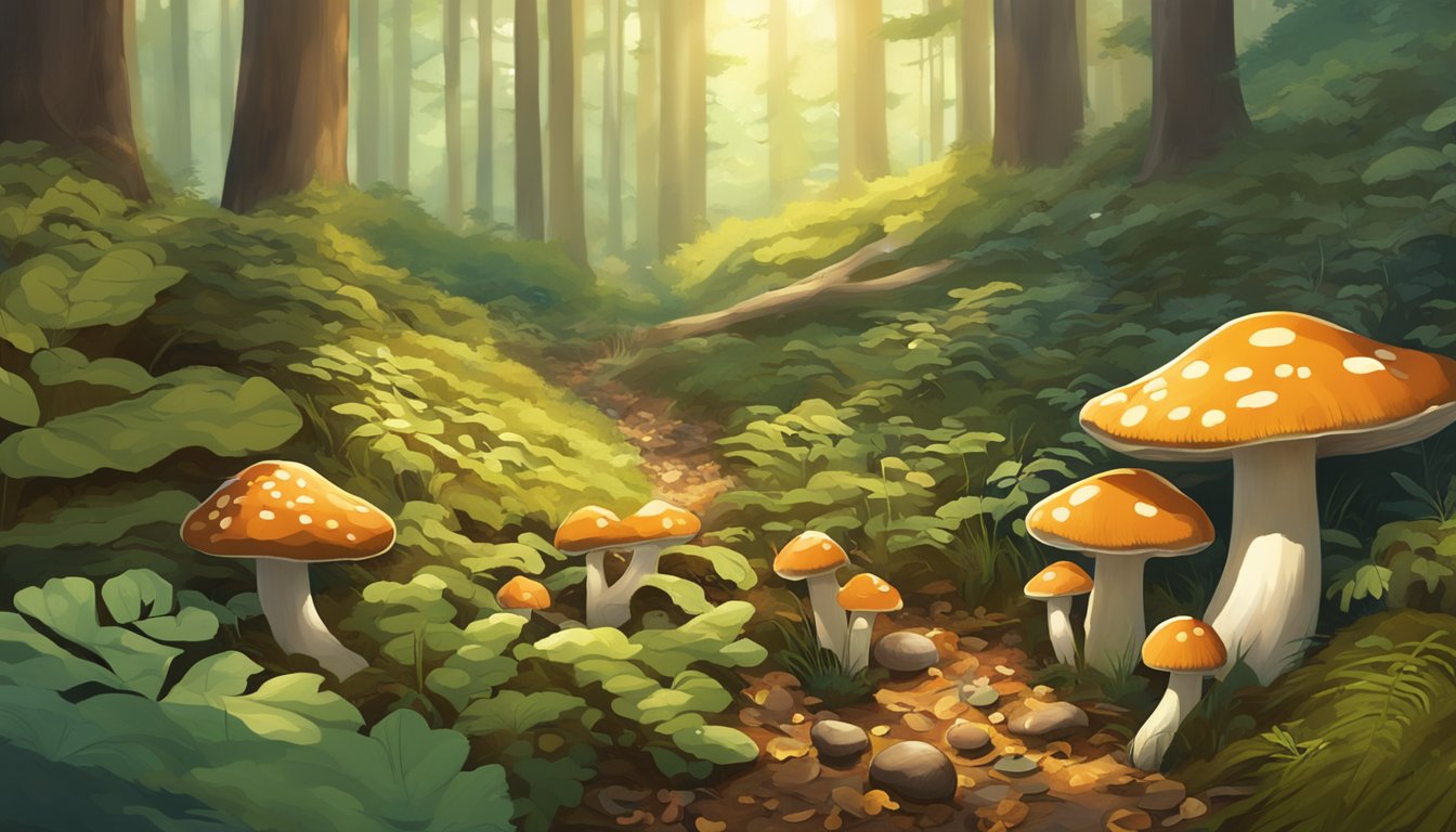 A lush forest floor in West Virginia, with various types of mushrooms scattered amongst the fallen leaves and moss. Sunlight filters through the trees, creating a dappled effect on the ground