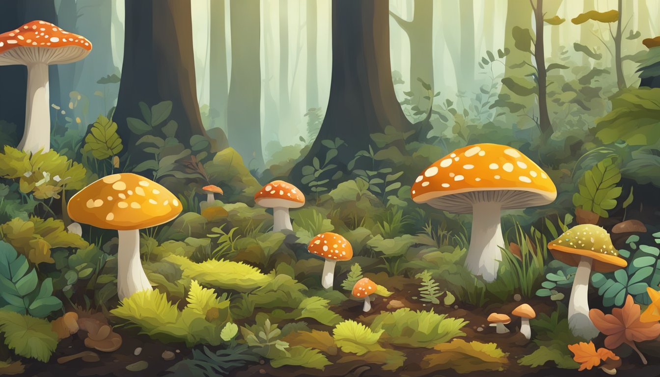 Lush forest floor with diverse fungi, fallen leaves, and moss. A variety of mushrooms in different shapes, sizes, and colors scattered throughout