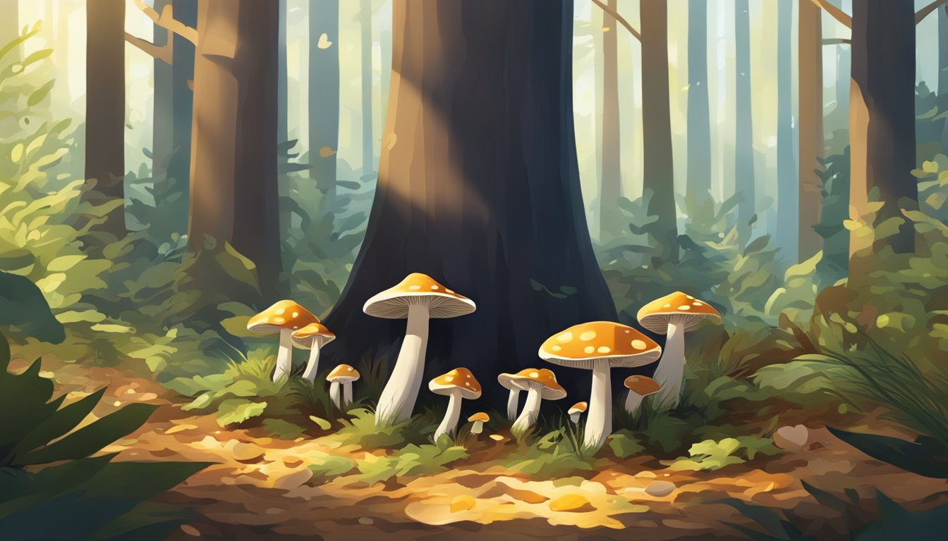 Mushrooms sprouting from forest floor, surrounded by pine trees and fallen leaves. Sunlight filters through the canopy, casting dappled shadows