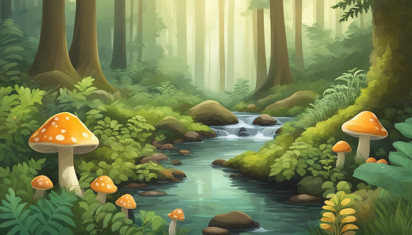 A lush forest floor with various mushrooms and ferns, a gentle stream running through the background, and a person carefully foraging with a basket