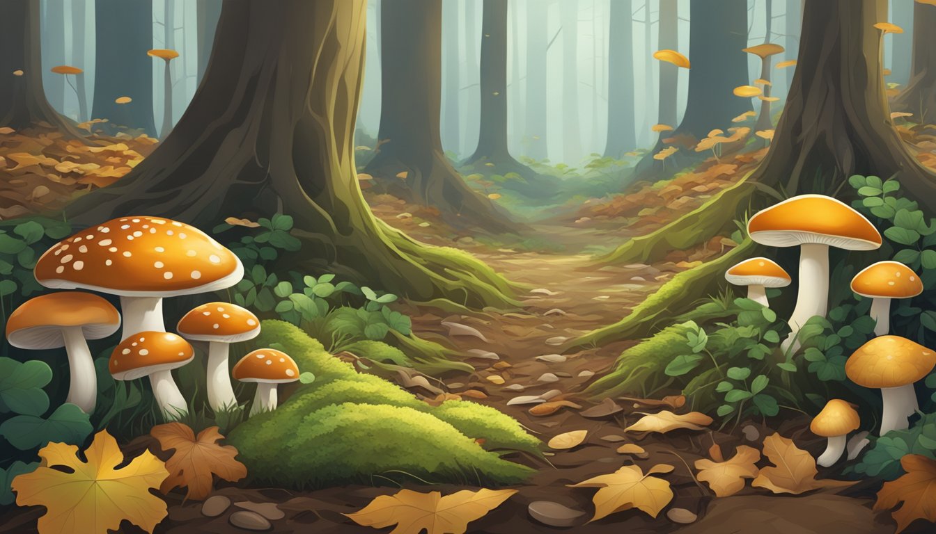 A lush forest floor with various types of mushrooms sprouting among fallen leaves and tree roots