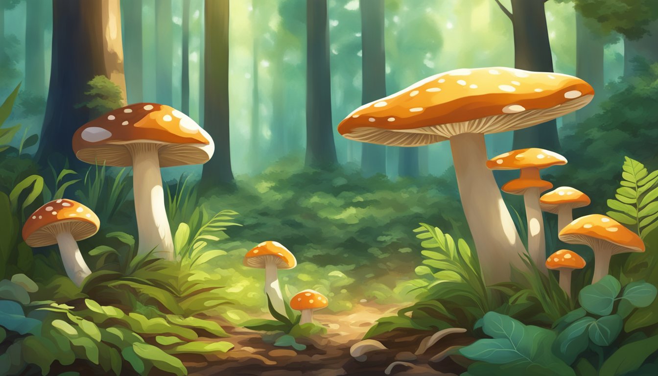 A serene forest floor with vibrant mushrooms sprouting from the earth, surrounded by lush green foliage and dappled sunlight filtering through the trees