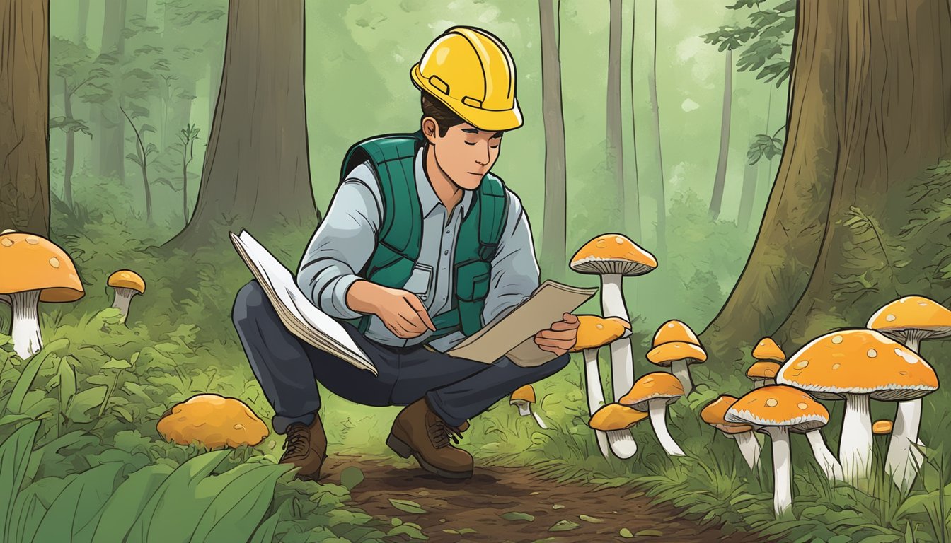 A person in a safety vest holds a mushroom guidebook while examining various fungi in a wooded area with a "Identification and Safety" sign nearby