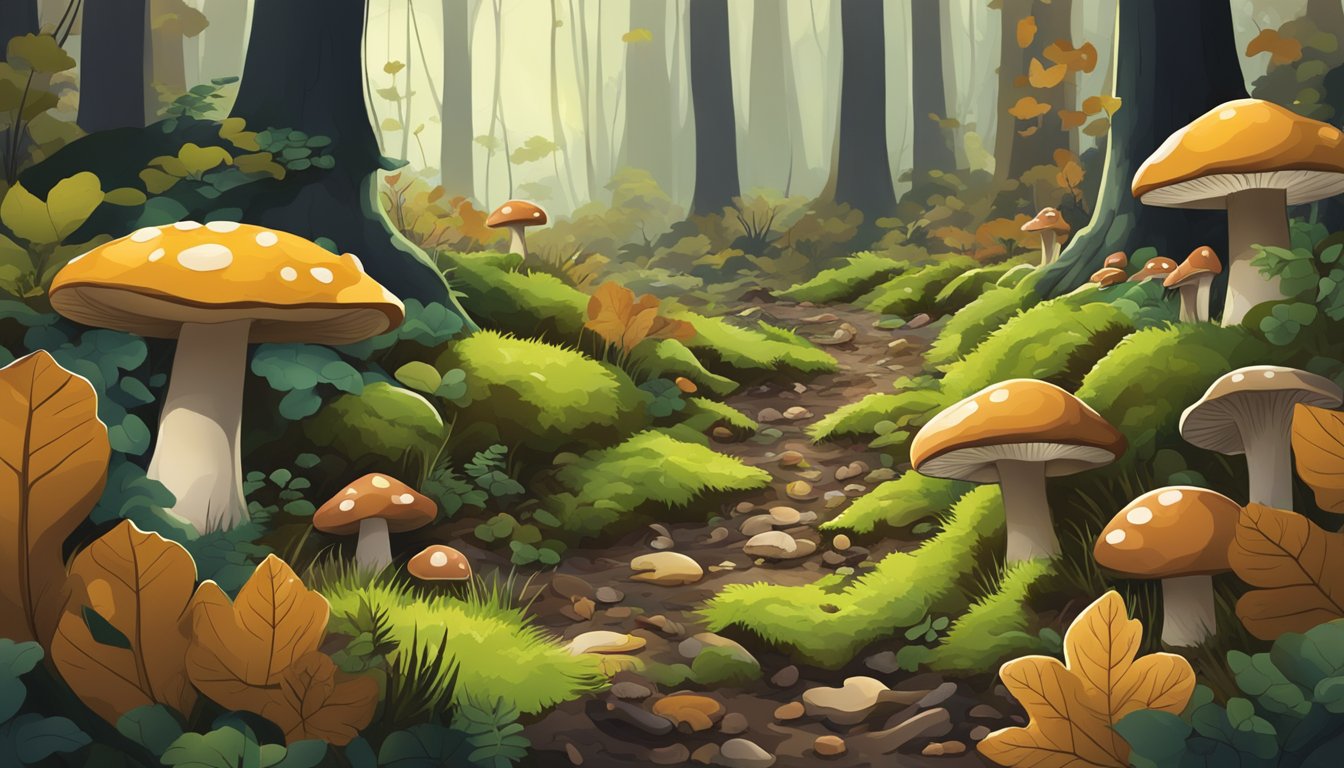 A lush forest floor with various types of mushrooms growing among the fallen leaves and moss in the D.C. area