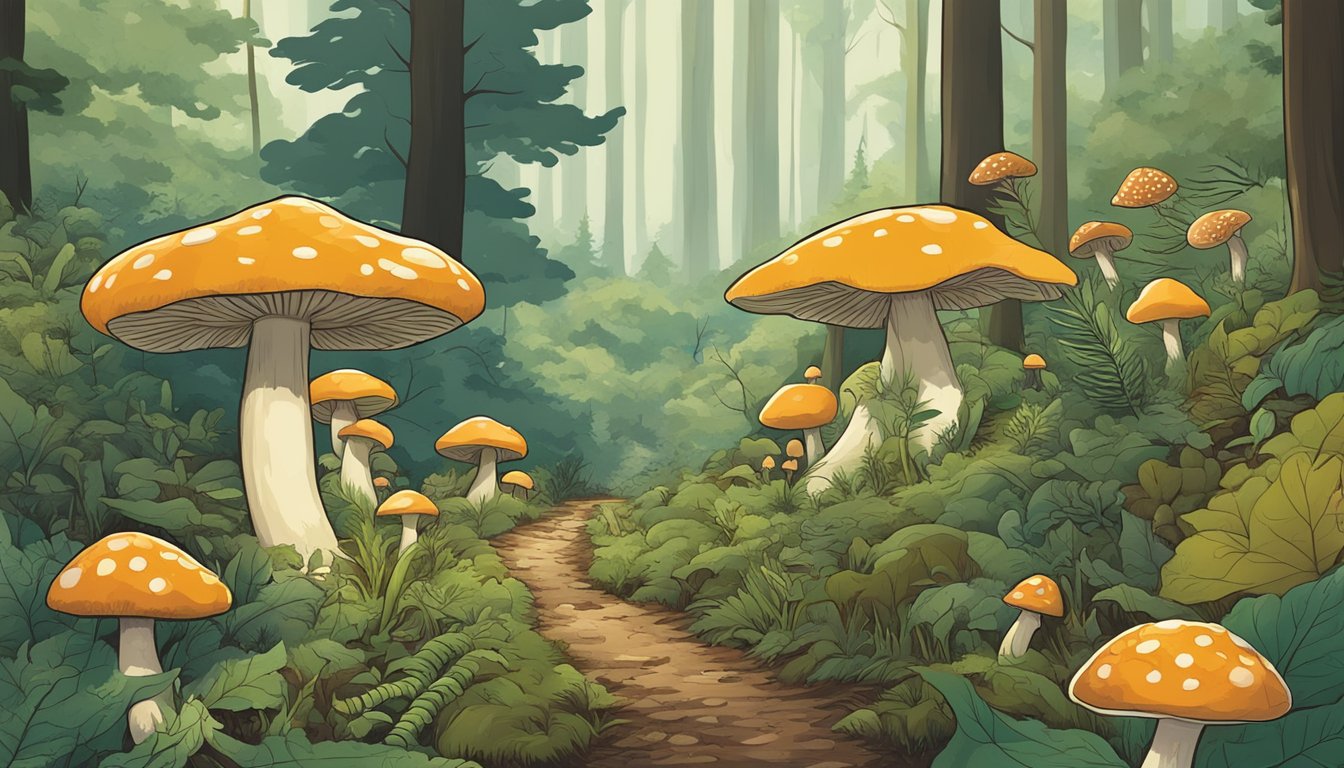 A lush forest with diverse mushrooms growing on the forest floor, accompanied by a guide leading a group of mushroom hunters in the Mycological Education and Events district of Columbia