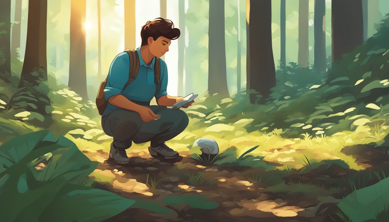 A person crouching in a forest, carefully examining the ground for mushrooms. The sunlight filters through the trees, casting dappled shadows on the forest floor