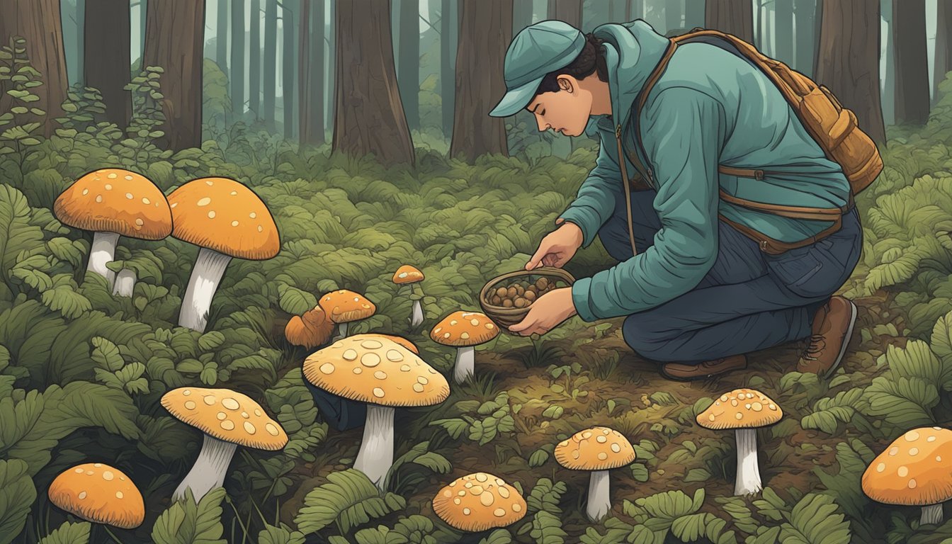 A person in a forest, bending over to examine a cluster of mushrooms growing on the forest floor, with a basket and a field guide nearby