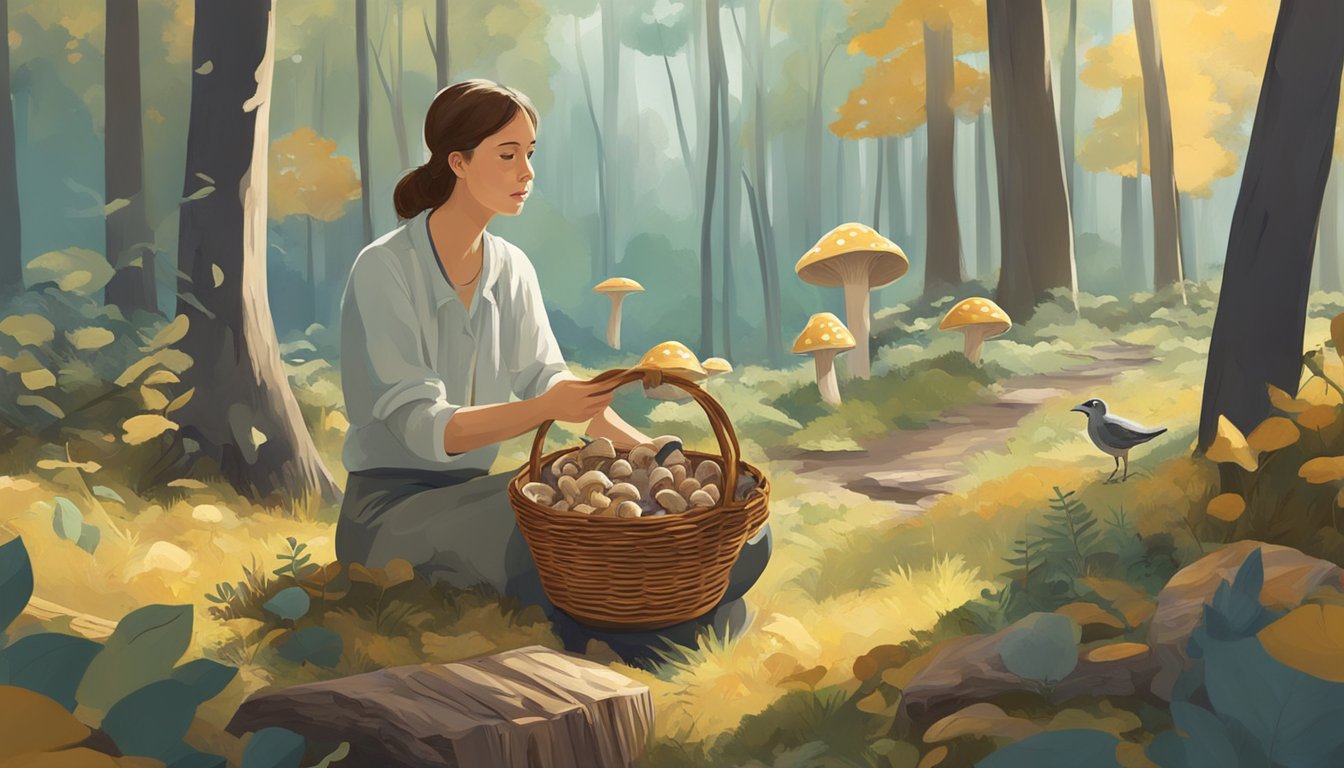 A figure in a forest, gathering mushrooms in a basket, while others are being dried and preserved in the sun