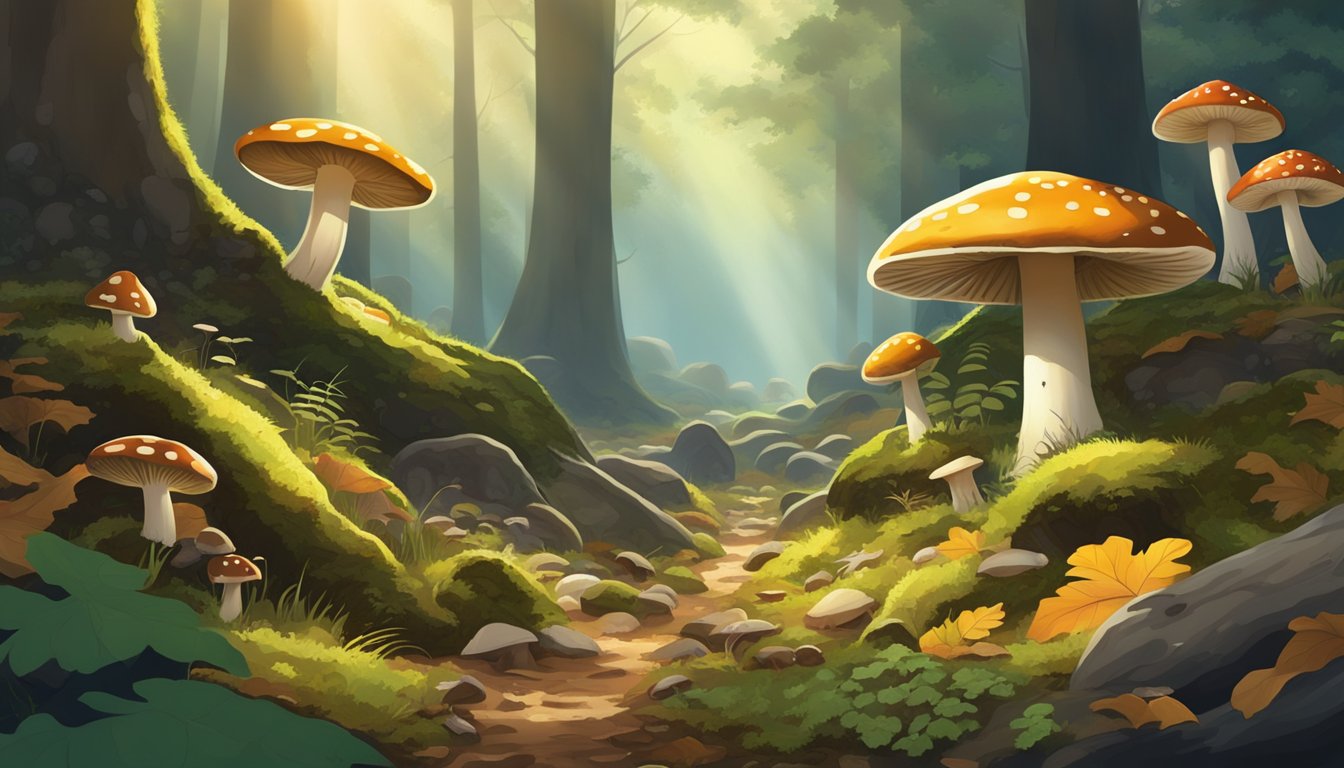 A serene forest clearing with various species of mushrooms growing among the fallen leaves and moss-covered rocks. The sunlight filters through the trees, casting dappled shadows on the forest floor