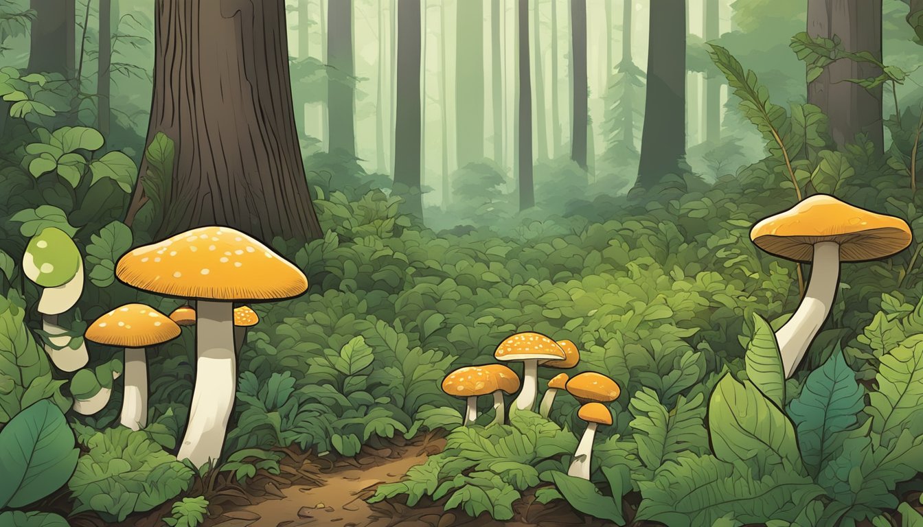 A lush forest in the Conservation and Sustainability district of Columbia, with various types of mushrooms scattered across the forest floor