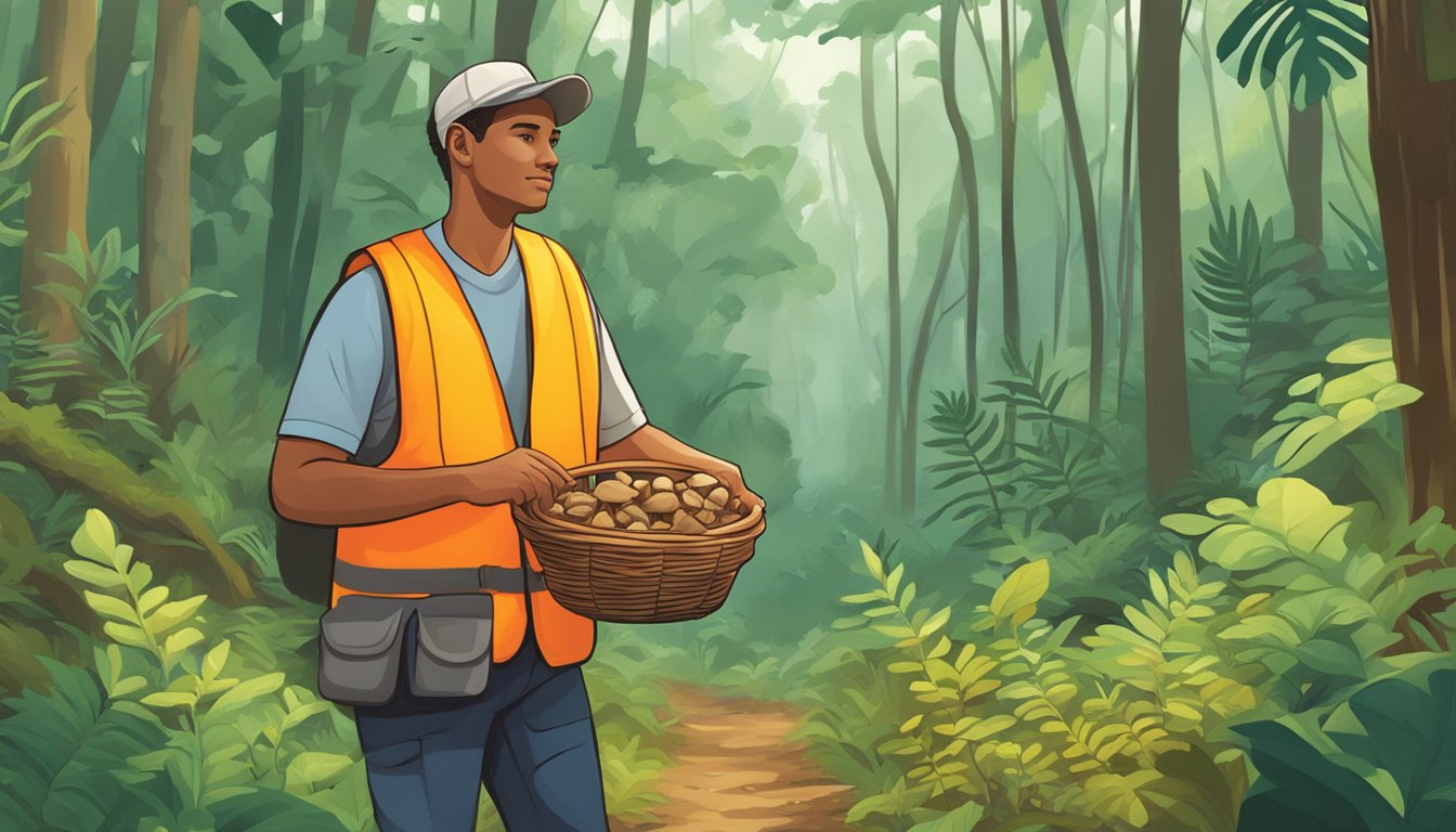 A person wearing a safety vest and carrying a basket, carefully picking wild mushrooms in a lush forest in Puerto Rico