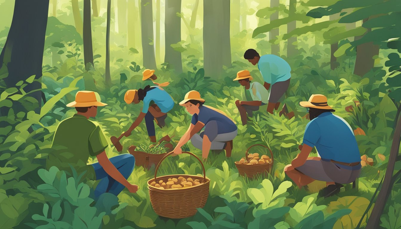 A group of people gather in a lush forest, searching for mushrooms in the Community and Resources district of Columbia. Baskets and tools lay scattered among the undergrowth