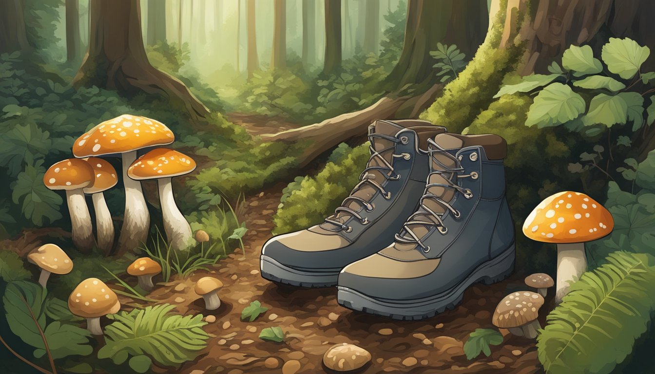 A forest floor with various mushrooms and foliage, a person's feet in hiking boots, and a small wicker basket for collecting mushrooms