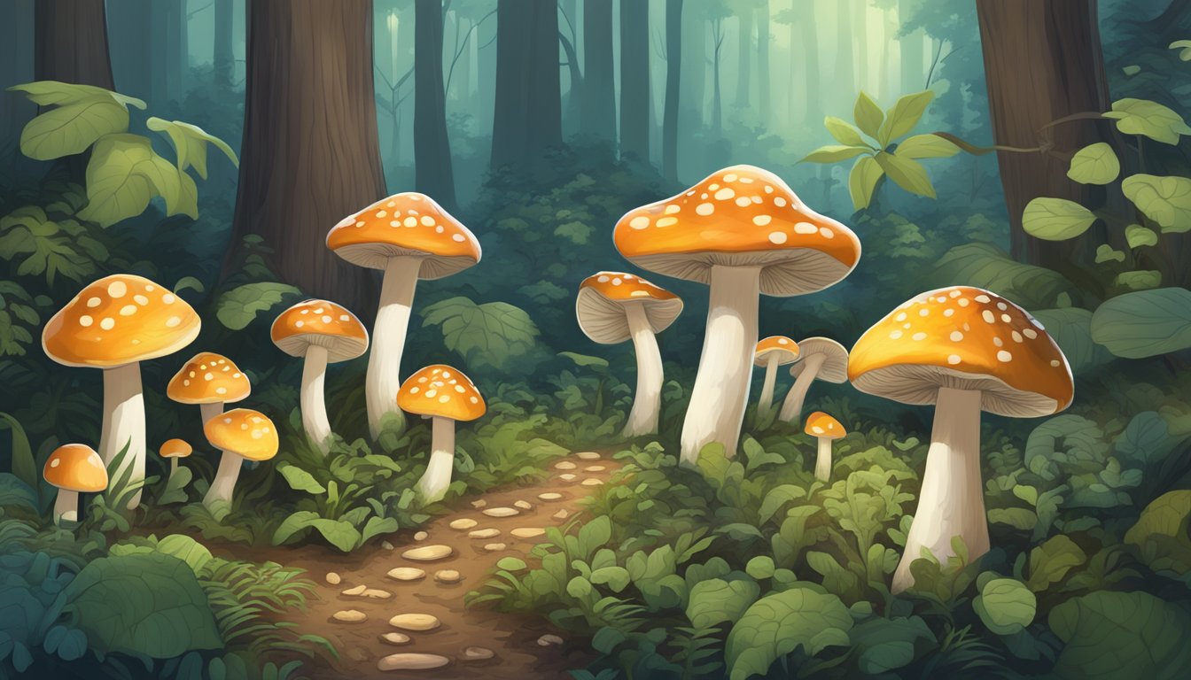 Lush forest floor with diverse mushrooms, some glowing softly. A signpost marks the boundary of the Psychoactive Varieties and Legislation District of Columbia