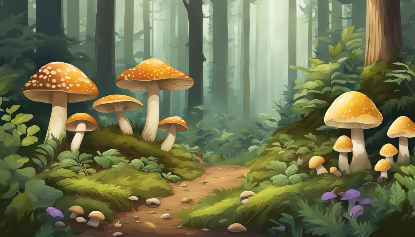 A forest floor scattered with various types of mushrooms, surrounded by trees and underbrush