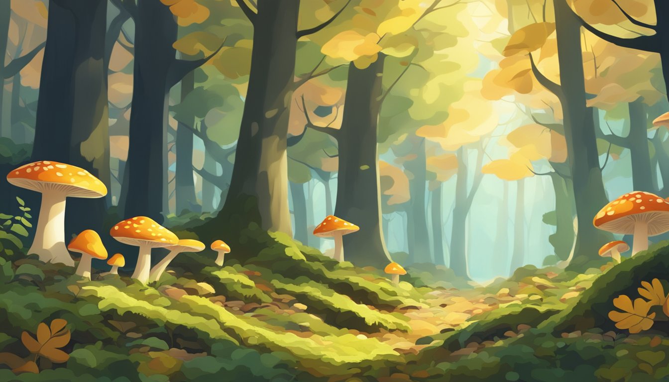 A lush forest floor with colorful mushrooms peeking out from the fallen leaves and moss, surrounded by towering trees and dappled sunlight