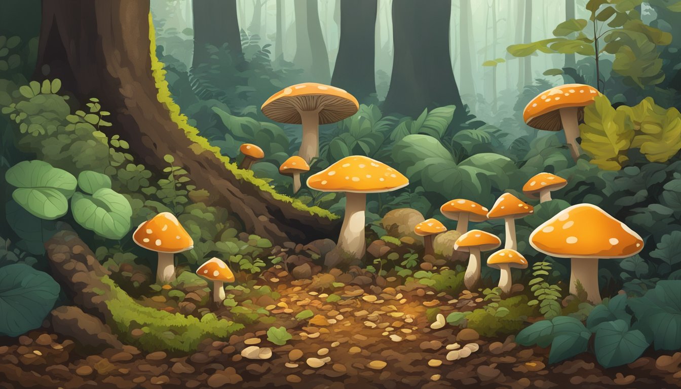 A dense forest floor in Puerto Rico, with various types of mushrooms growing among the fallen leaves and damp soil