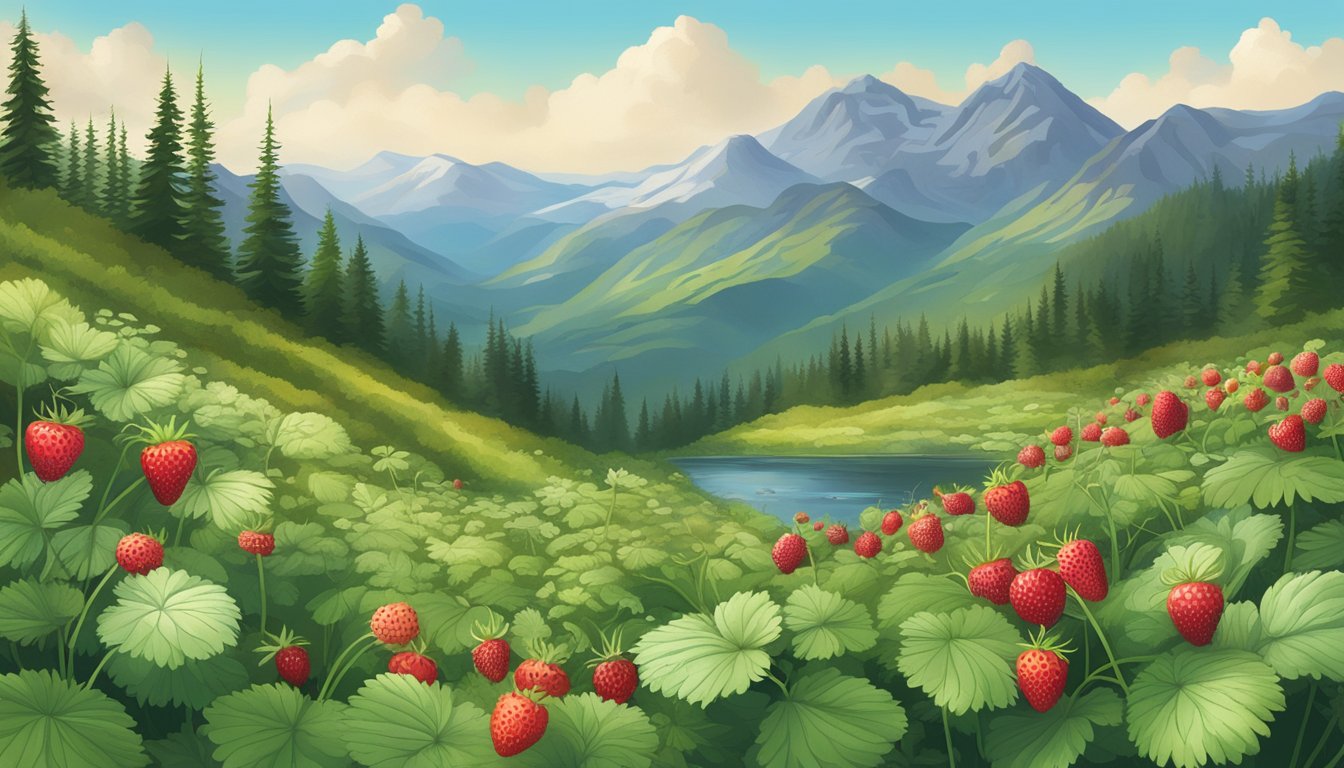 A mountainous landscape with various native edible plants such as wild strawberries, chokecherries, and wild onions growing in their natural habitat