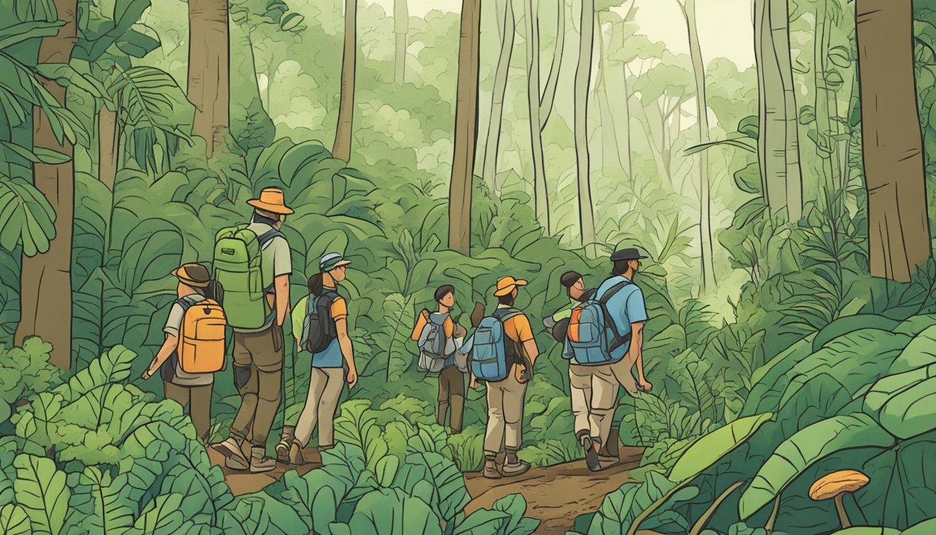 A group of people explore lush forests, searching for mushrooms in Puerto Rico. A guide leads the way, pointing out various species as participants eagerly collect their finds