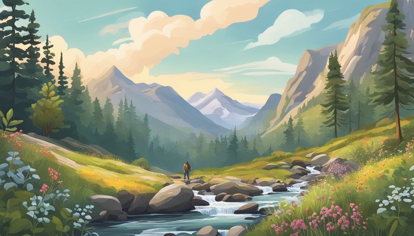 A mountain landscape with diverse flora, including wild berries, mushrooms, and herbs. A clear stream runs through the scene, with a hiker's backpack nearby