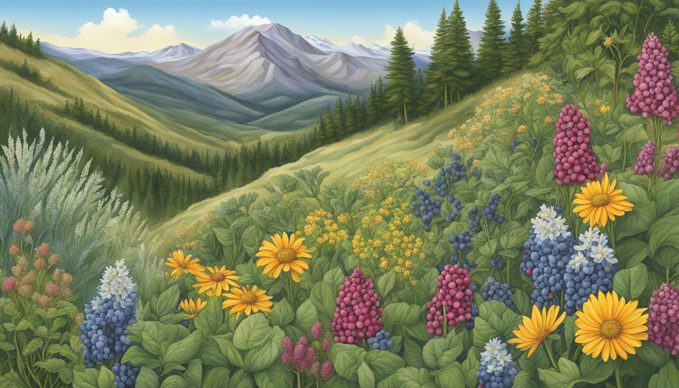 A mountain landscape with various native edible plants in Colorado, including wild berries, herbs, and flowers, with a focus on their nutritional and medicinal benefits