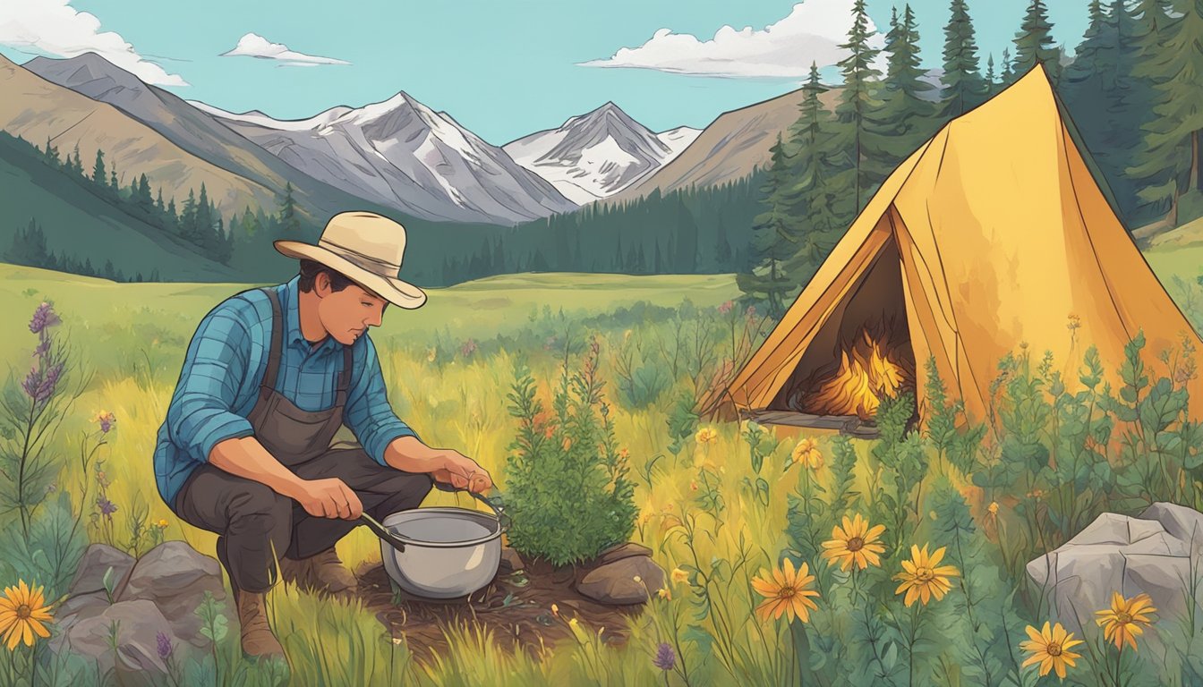 A person gathering wild edible plants in a colorful Colorado mountain meadow, then cooking them over a campfire