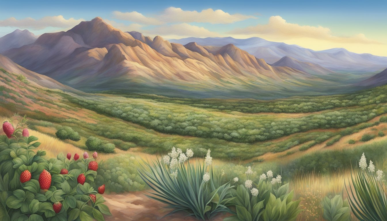 A colorful Colorado landscape with native edible plants such as chokecherries, wild strawberries, and yucca, integrated into the natural environment