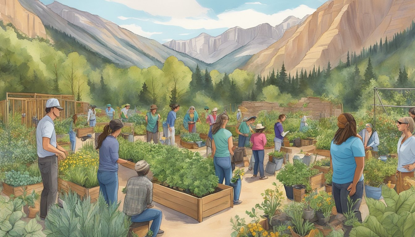 A group of people gather in a community garden, learning about and harvesting native edible plants in the Colorado mountains