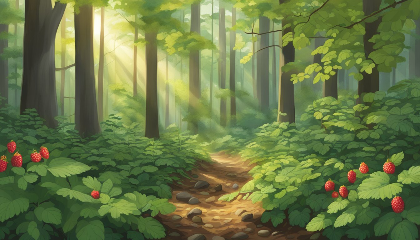 A lush forest floor in Maryland, filled with native edible plants such as wild strawberries, blackberries, and sassafras, surrounded by tall trees and dappled sunlight