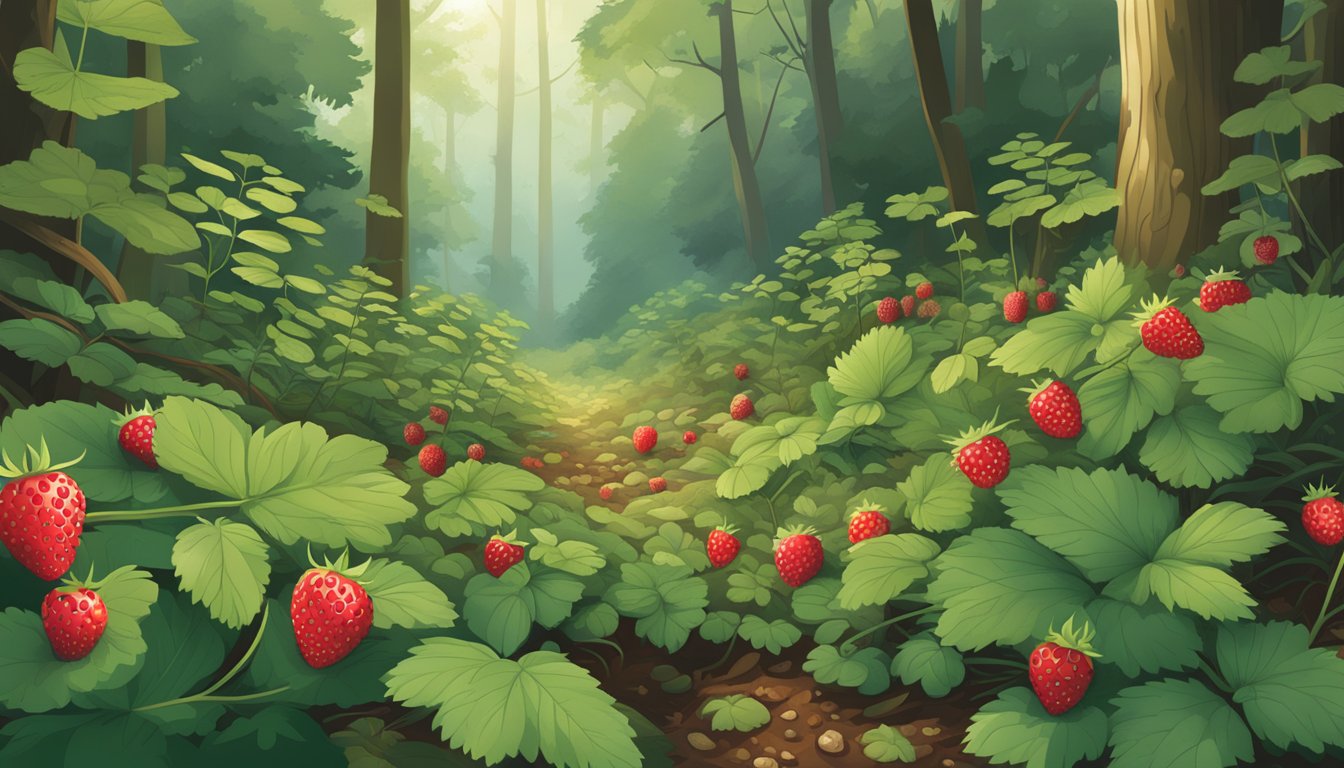 A lush forest floor in Maryland, featuring wild strawberries, blueberries, and blackberries growing among the underbrush