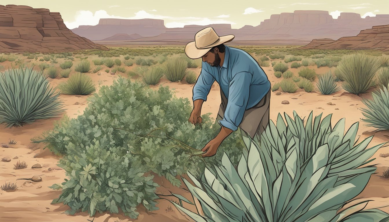 An illustration of a person using traditional harvesting tools to gather native edible plants in the Arizona desert