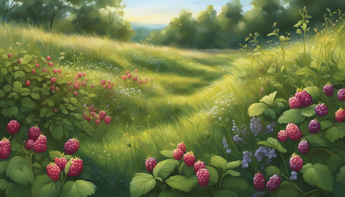 A lush prairie landscape with wild strawberries, chokecherries, and wild plums growing among the tall grasses and wildflowers