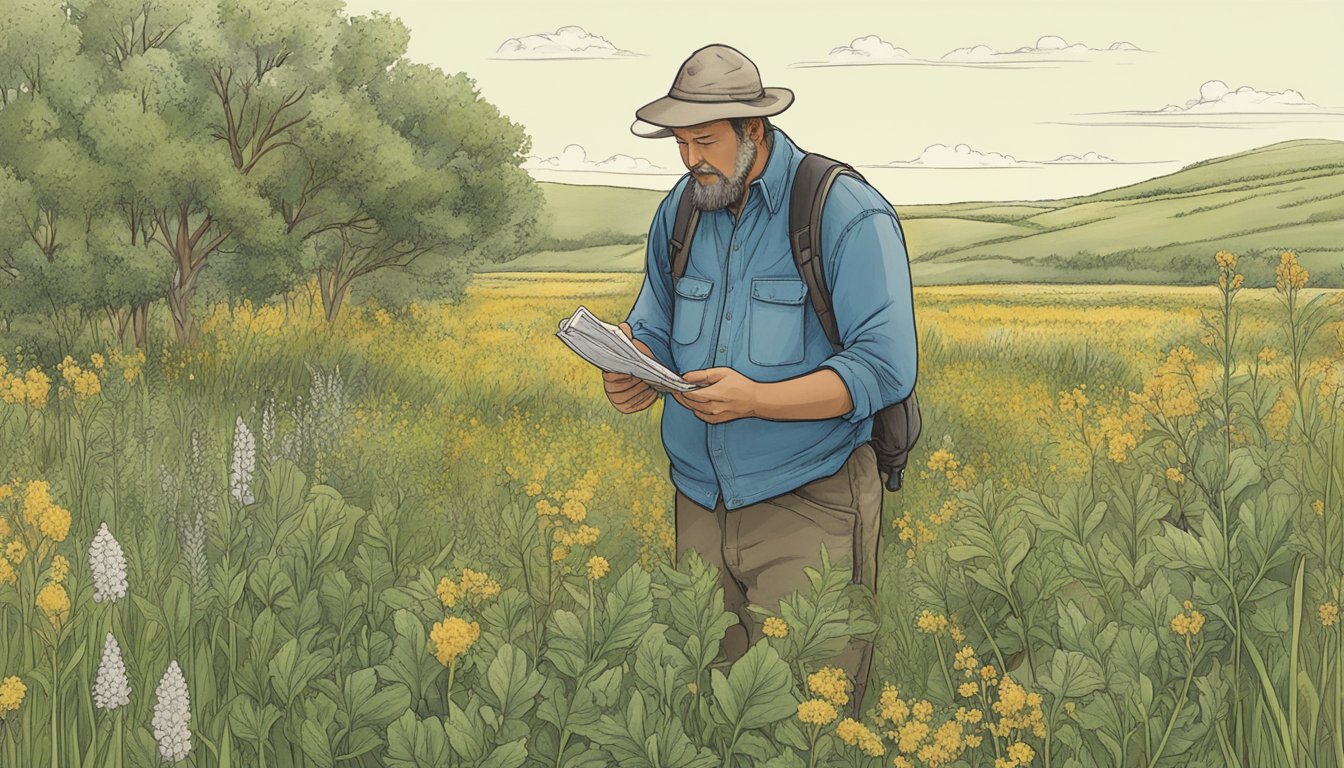 A person uses a field guide to identify and forage native edible plants in the North Dakota prairie