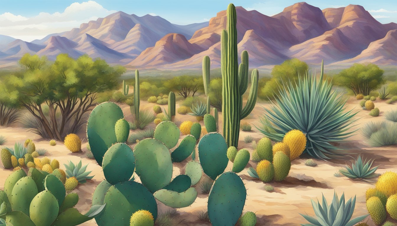 A desert landscape with prickly pear cacti, mesquite trees, and agave plants, showcasing the diverse native edible plants of Arizona