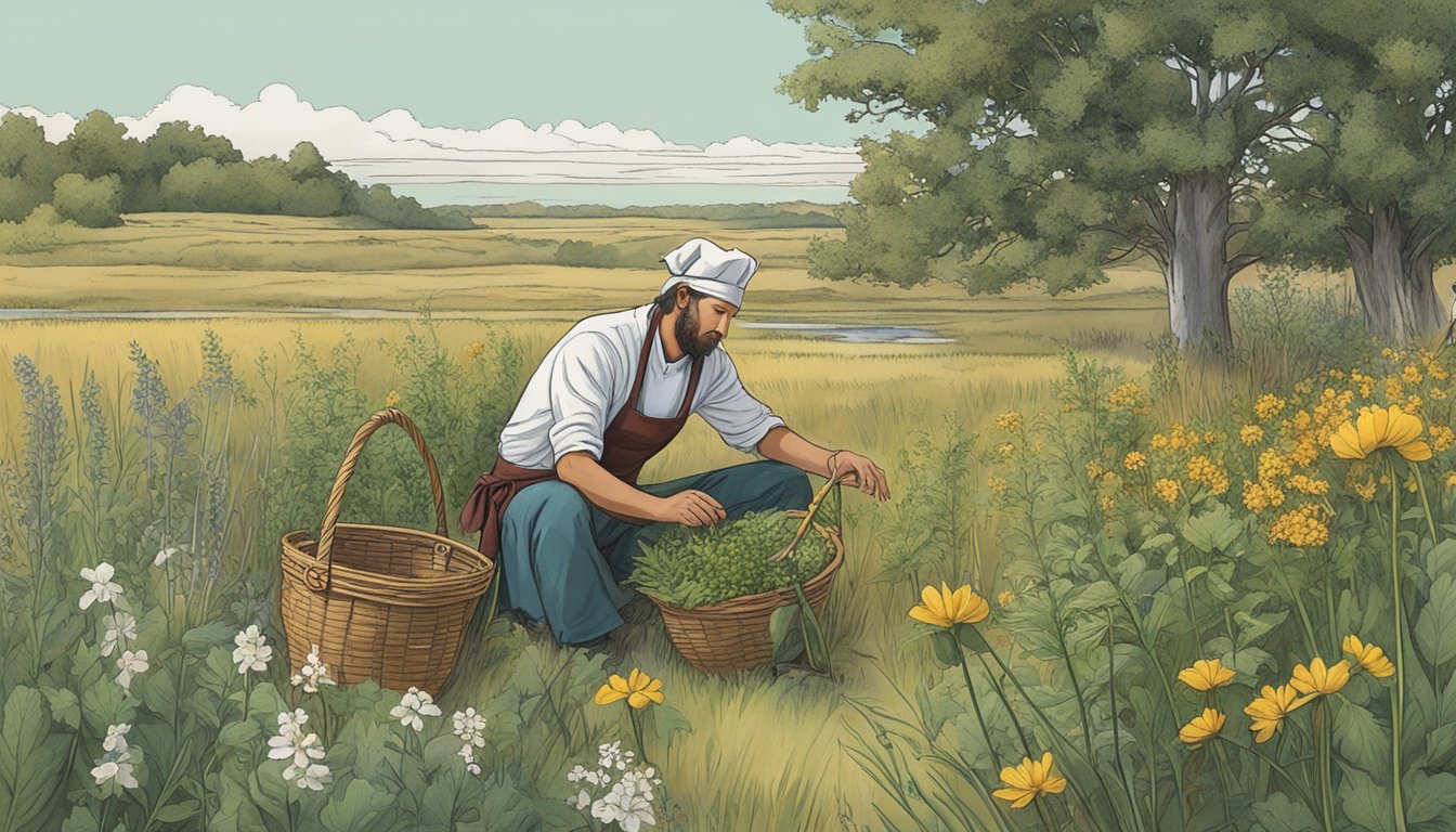 A chef gathering wild plants in a North Dakota prairie, with a basket of foraged ingredients and a cookbook open to a page on native plant recipes