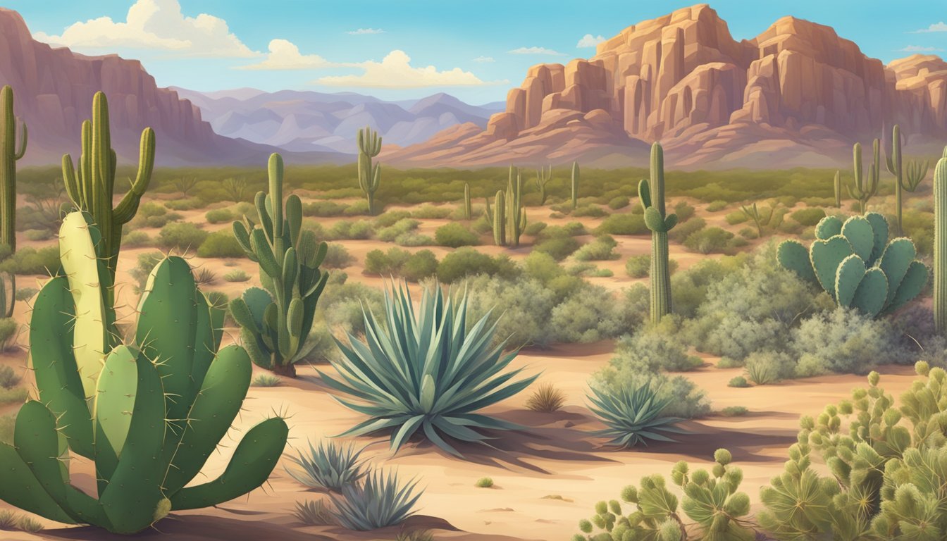 A desert landscape with prickly pear cacti, mesquite trees, and agave plants growing in arid soil under the hot Arizona sun