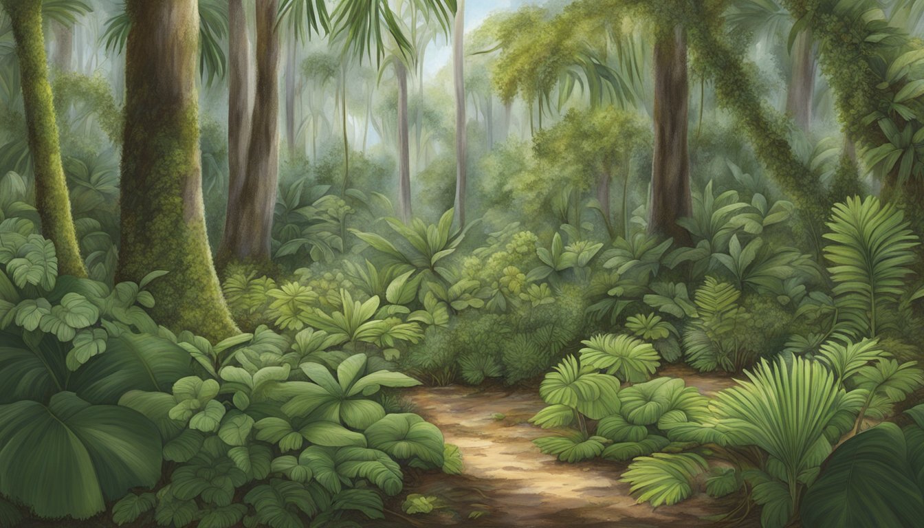 A lush forest floor in Florida, featuring a variety of native edible plants such as saw palmetto, sea grapes, and wild grapes