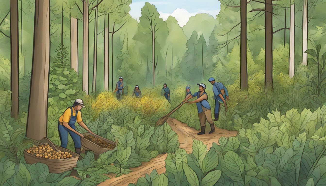 A woodland scene with diverse native edible plants being harvested sustainably in Michigan