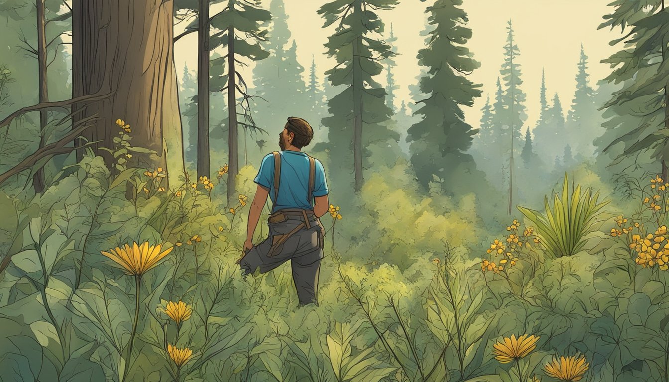 A figure gathers wild plants in a lush Montana forest, carefully selecting and harvesting edible species while respecting the natural environment