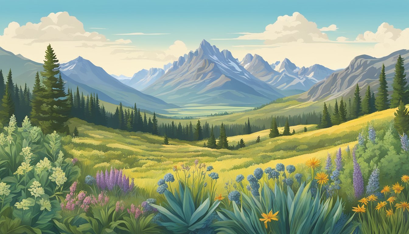 A lush Montana landscape with various native edible plants thriving in the wild, surrounded by mountains and under a clear blue sky