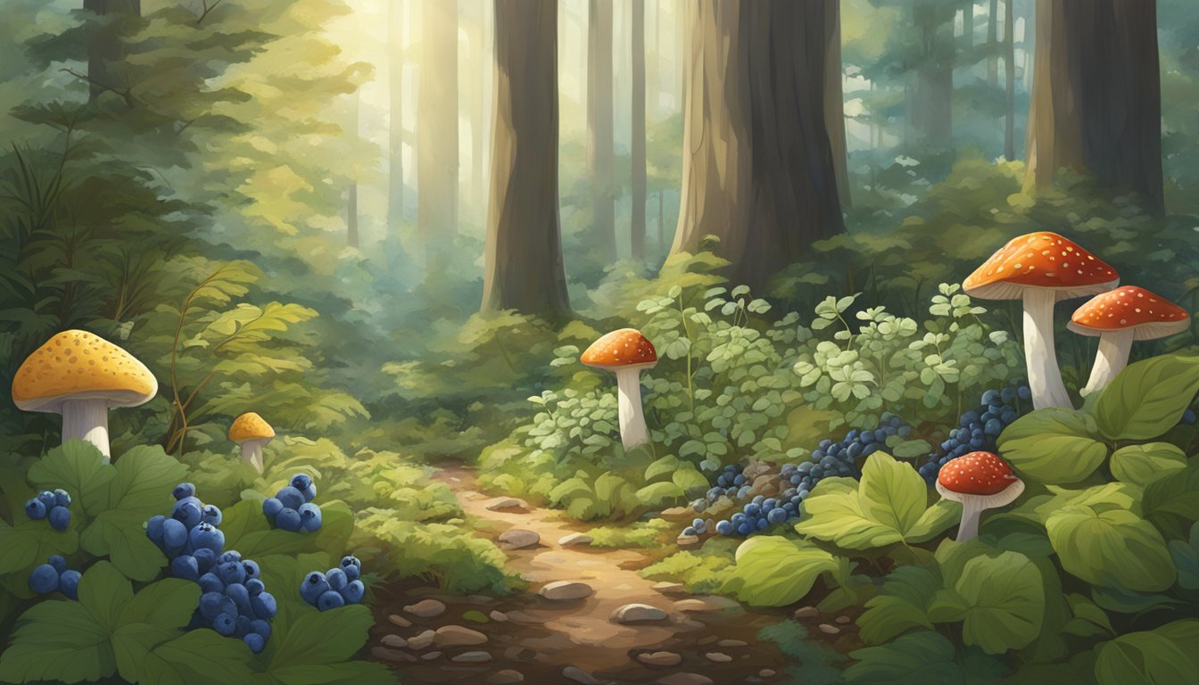 A lush forest floor with a variety of native plants and fungi, including blueberries, wild strawberries, and morel mushrooms, surrounded by tall trees and dappled sunlight